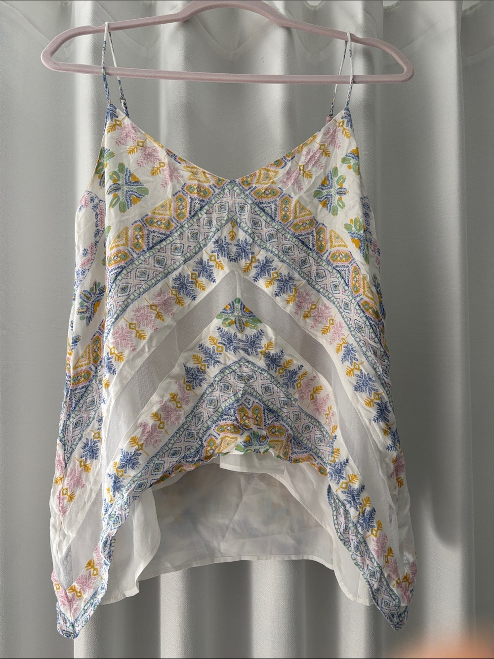 BCBGMaxAzria White Embroidered Handkerchief-Hem Cami with Multicolor Motifs